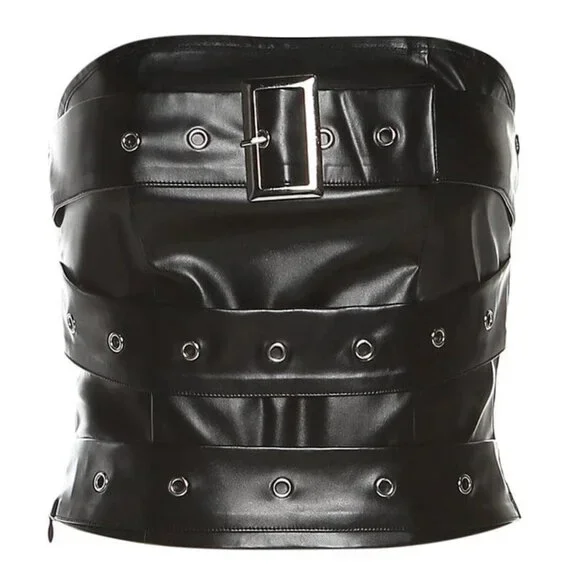 Punk Rock Buckle Up Bustier Top Sz L Stretchy Black Faux Leather Gothic Grommets - Picture 3 of 7